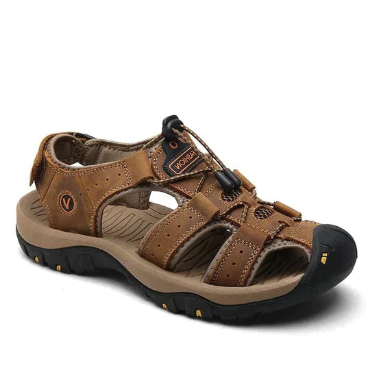 Men's orthopaedic closed-toe sandals with a quick-pull cord and arch support - brown