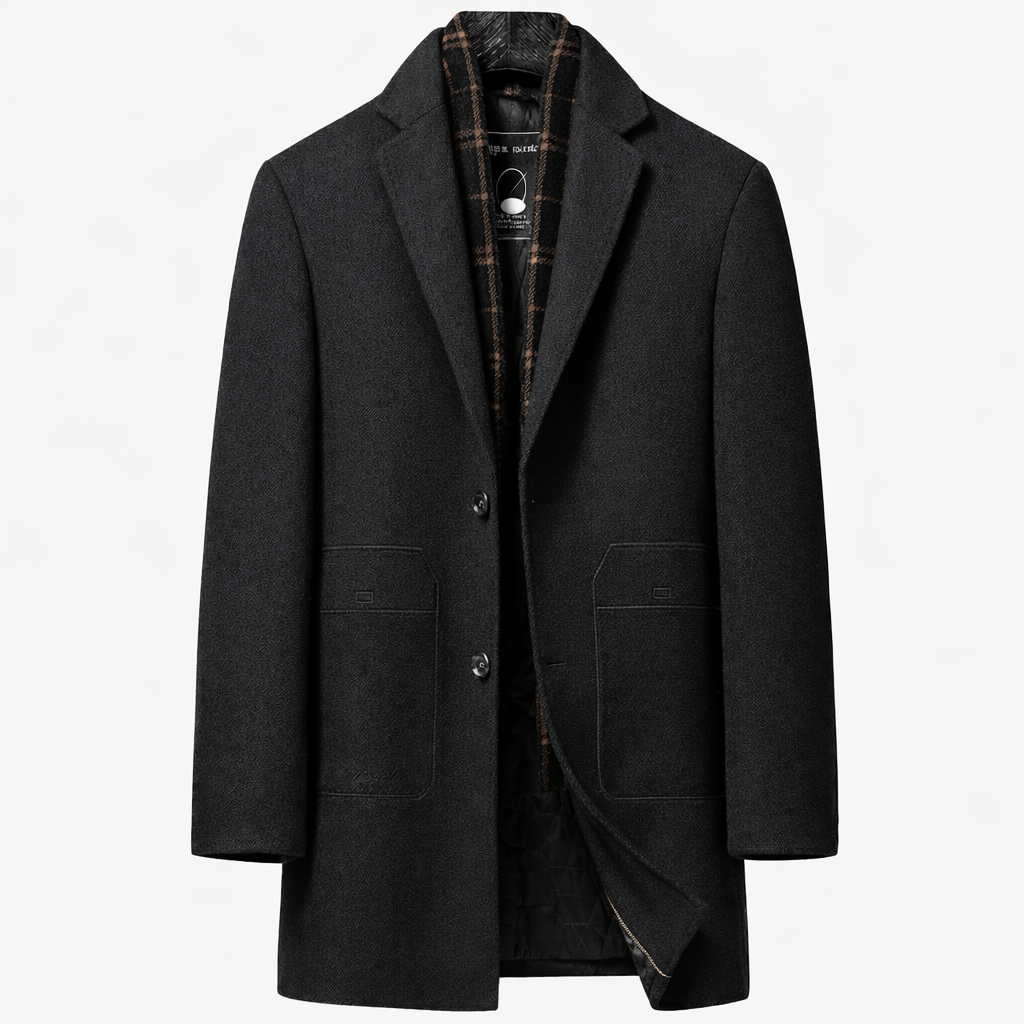 Men's single-breasted overcoat with a checked collar insert - black