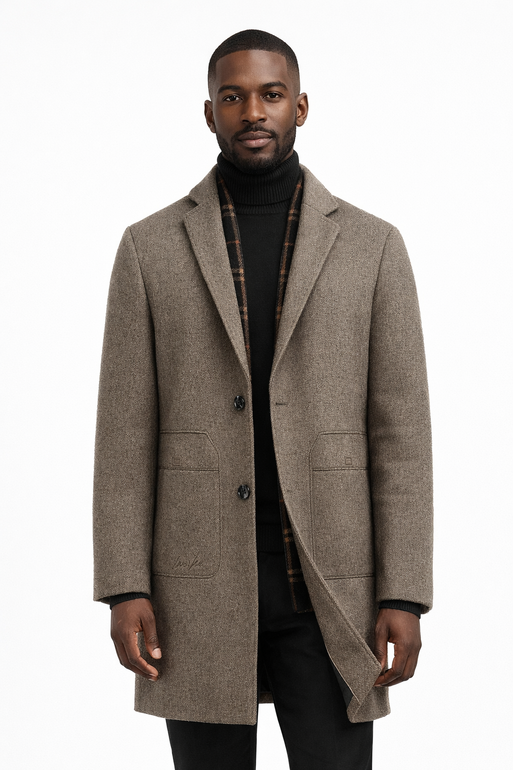 Men's single-breasted overcoat with a checked collar insert