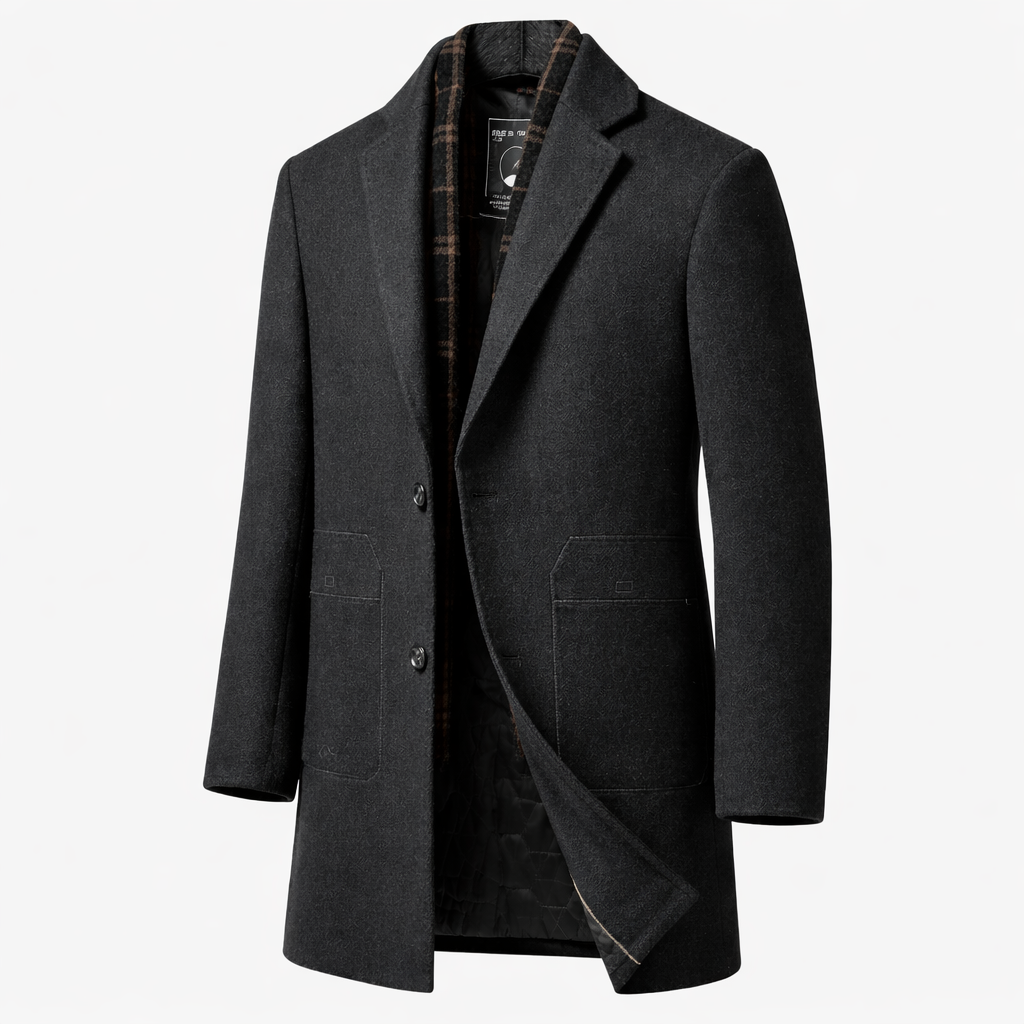 Men's single-breasted overcoat with a checked collar insert