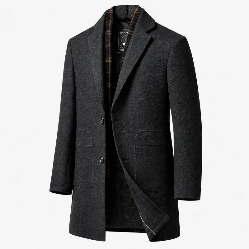 Men's single-breasted overcoat with a checked collar insert