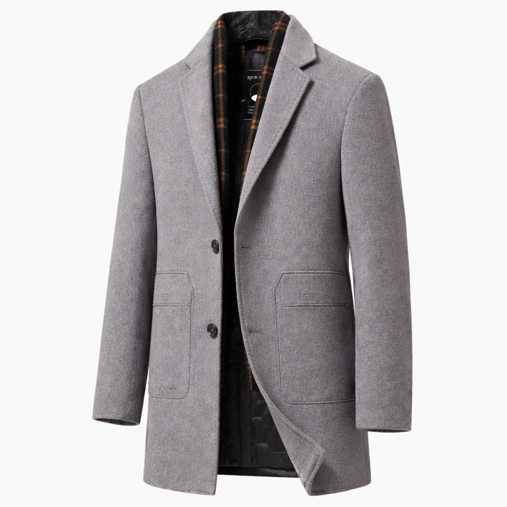 Men's single-breasted overcoat with a checked collar insert