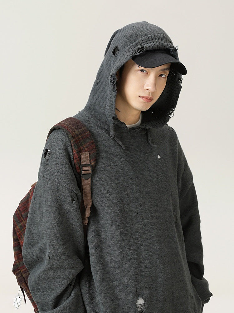 Men's oversized distressed knit hoodie with small holes, a drawstring hood and a frayed hem - view 2
