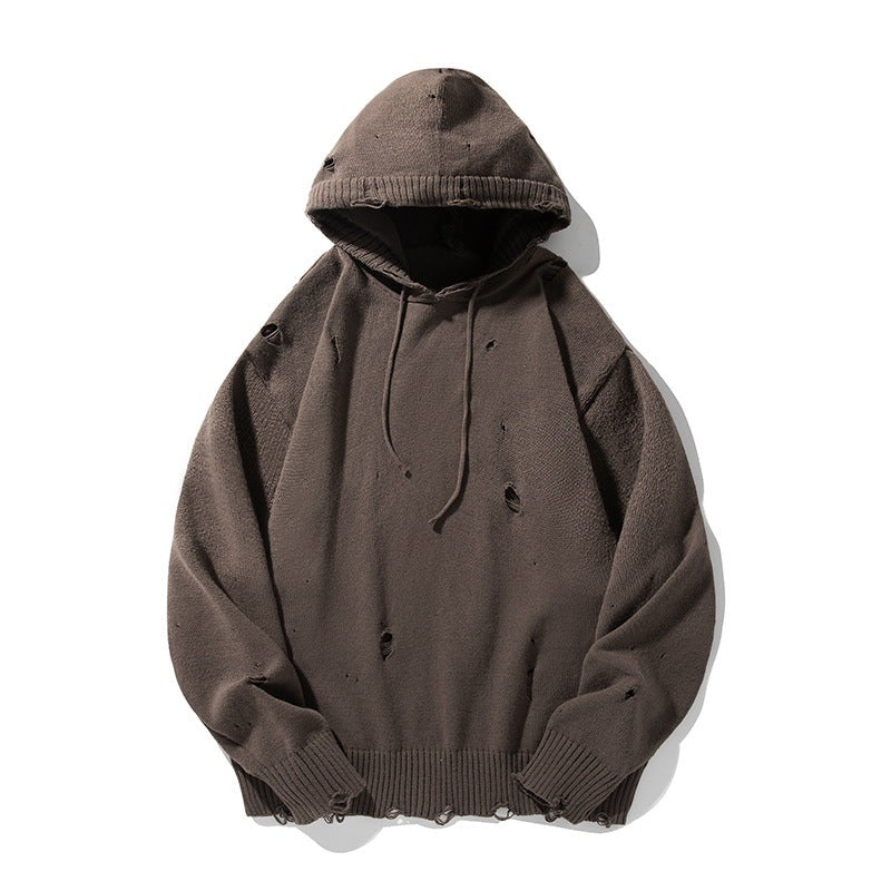Men's oversized distressed knit hoodie with small holes, a drawstring hood and a frayed hem - brown