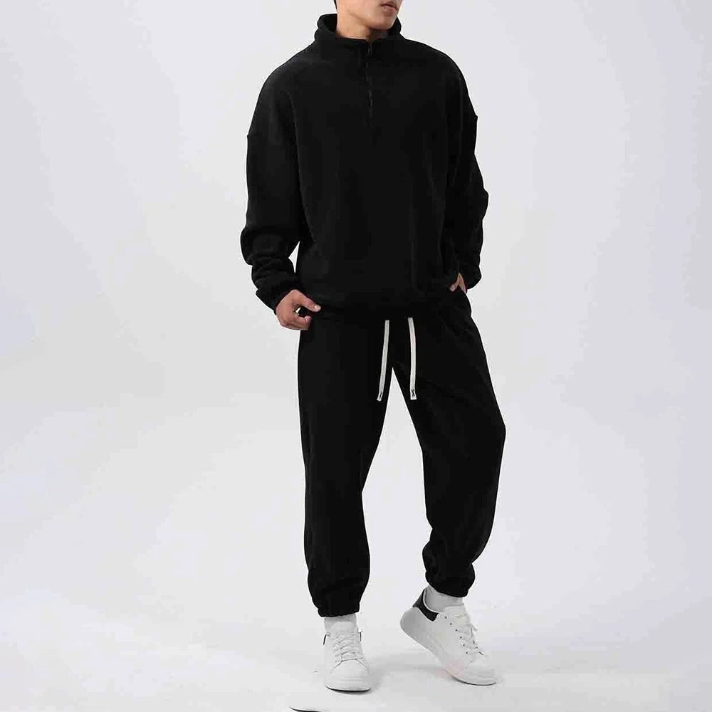 Men's oversized fleece set with a half-zip top, stand collar and joggers - black