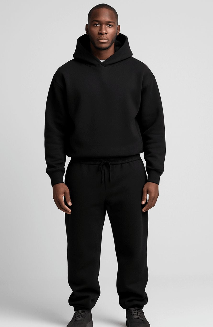 Men's oversized fleece tracksuit with a hoodie and joggers - black