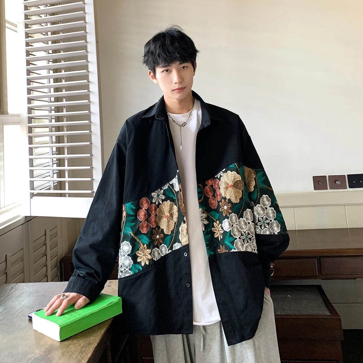Men's oversized overshirt with an embroidered floral band and button front - view 3