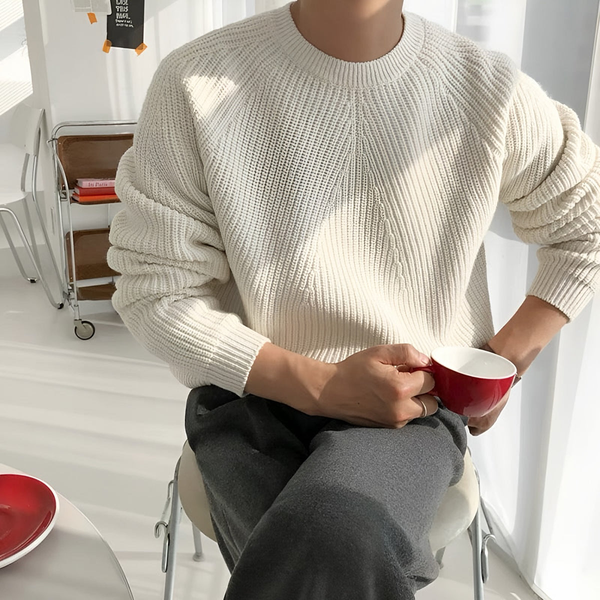 Men's oversized ribbed jumper in white with a chunky crew neck