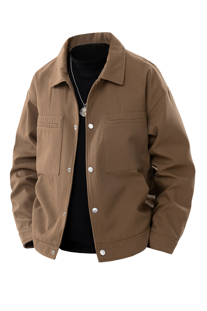 Men's oversized twill jacket with metal press studs and chest pockets - brown