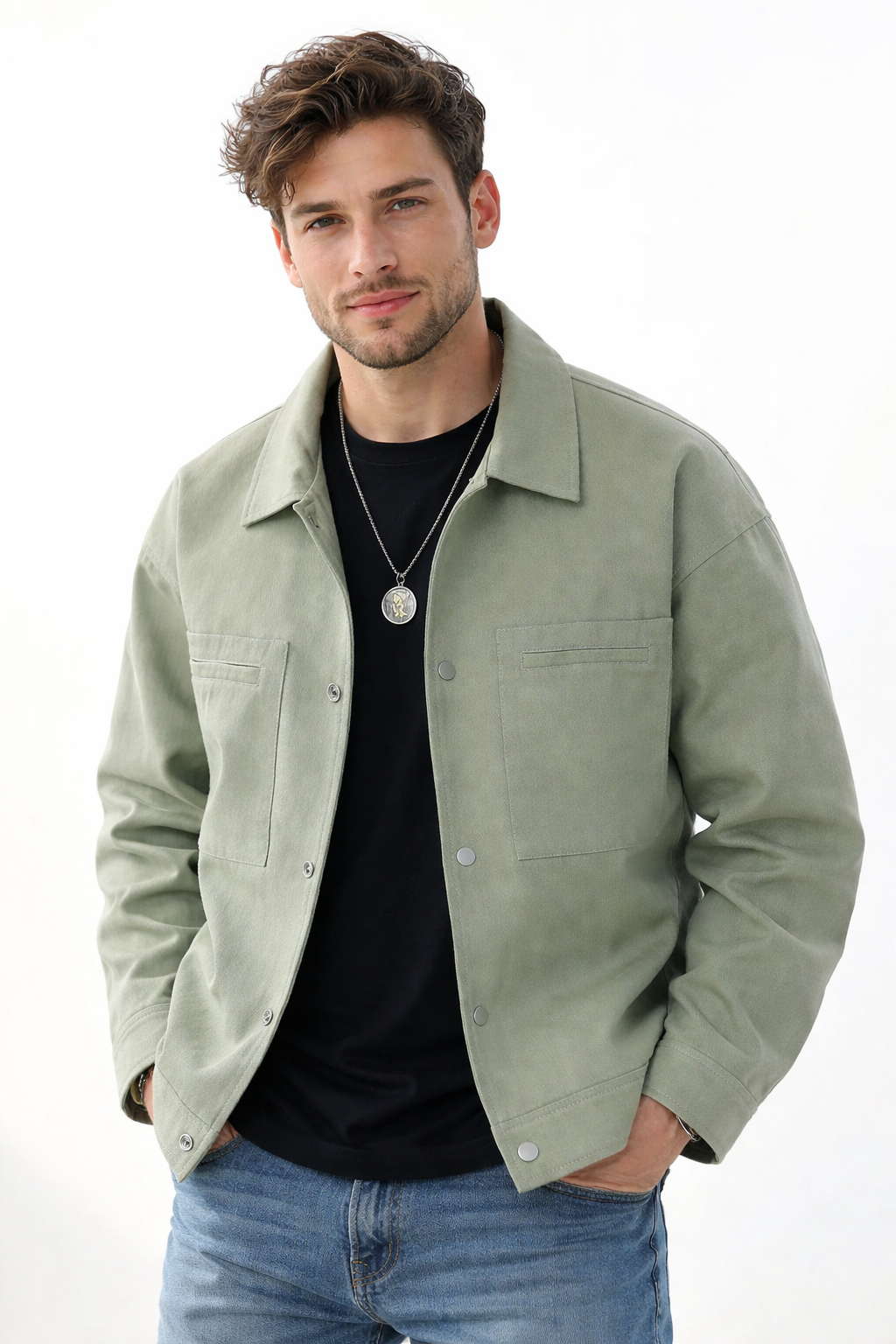 Men's oversized twill jacket with metal press studs and chest pockets