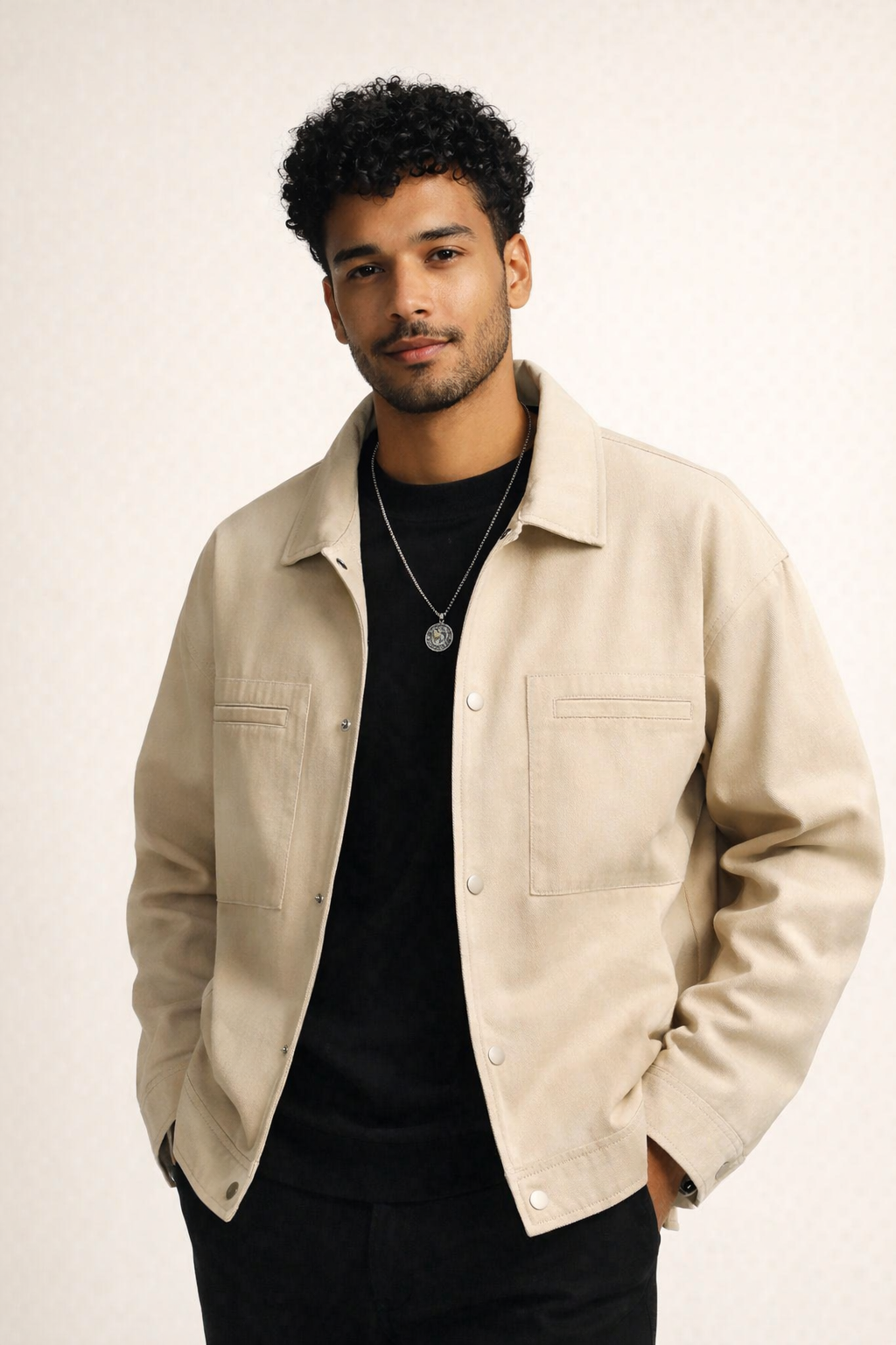 Men's oversized twill jacket with metal press studs and chest pockets