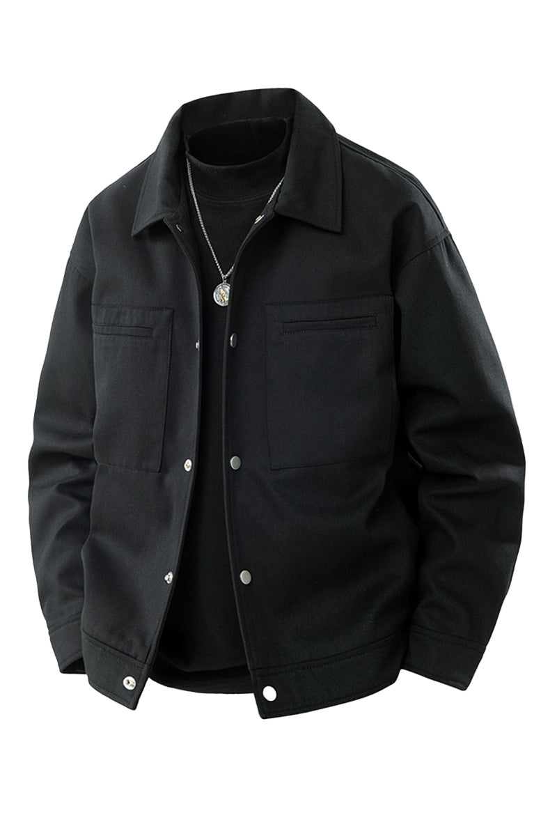 Men's oversized twill jacket with metal press studs and chest pockets - black