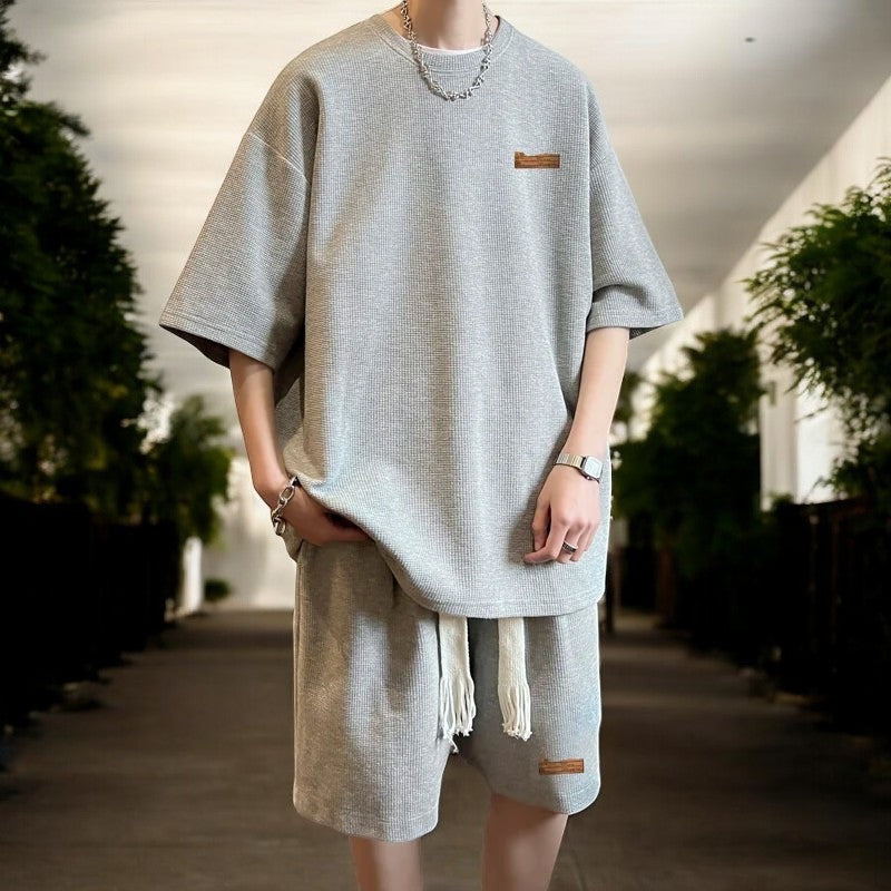 Men's oversized waffle T-shirt and drawstring shorts set - light grey
