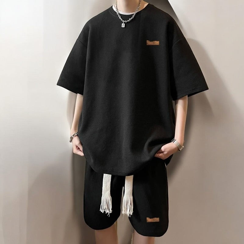 Men's oversized waffle T-shirt and drawstring shorts set - view 4