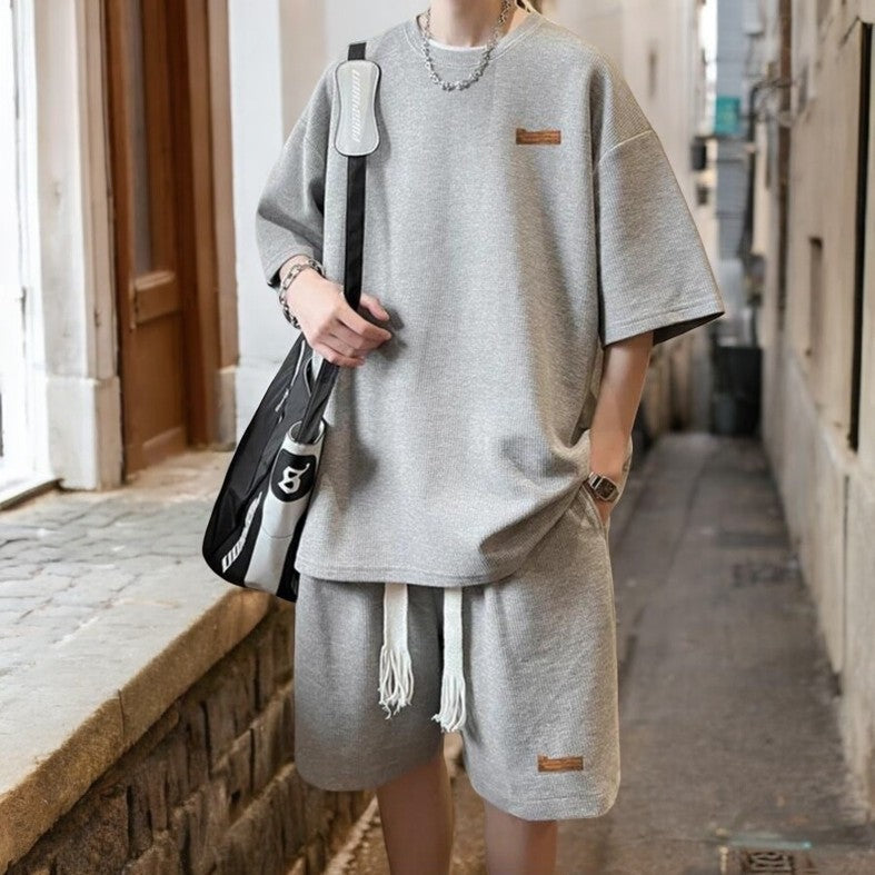 Men's oversized waffle T-shirt and drawstring shorts set - view 5