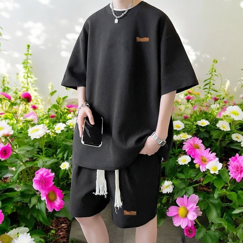 Men's oversized waffle T-shirt and drawstring shorts set - black