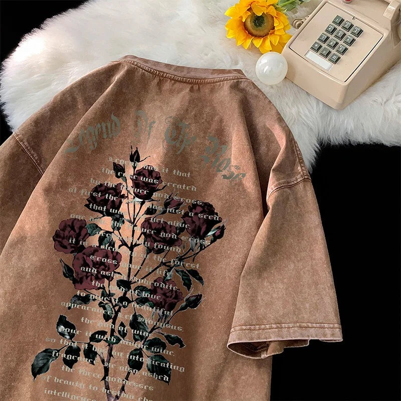 Men's oversized washed T-shirt with a large rose print on the back - washed brown