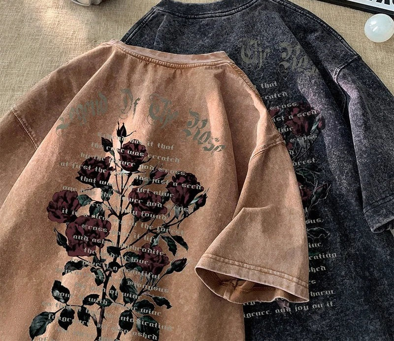 Men's oversized washed T-shirt with a large rose print on the back - view 3