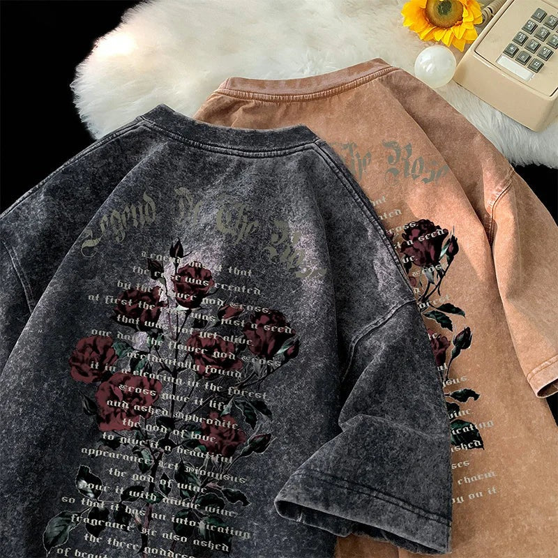 Men's oversized washed T-shirt with a large rose print on the back - view 4