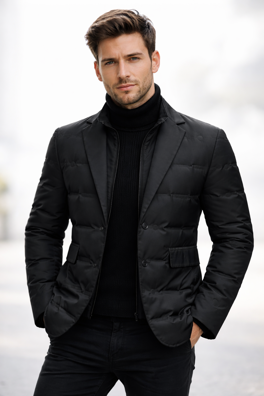 Men's padded blazer jacket with a knitted zip insert