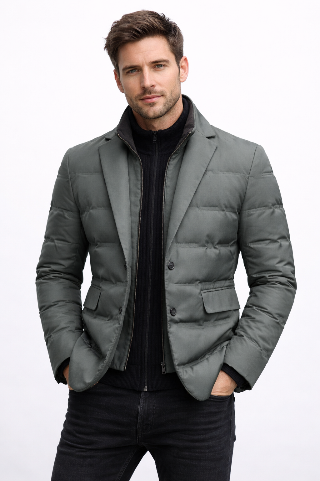 Men's padded blazer jacket with a knitted zip insert