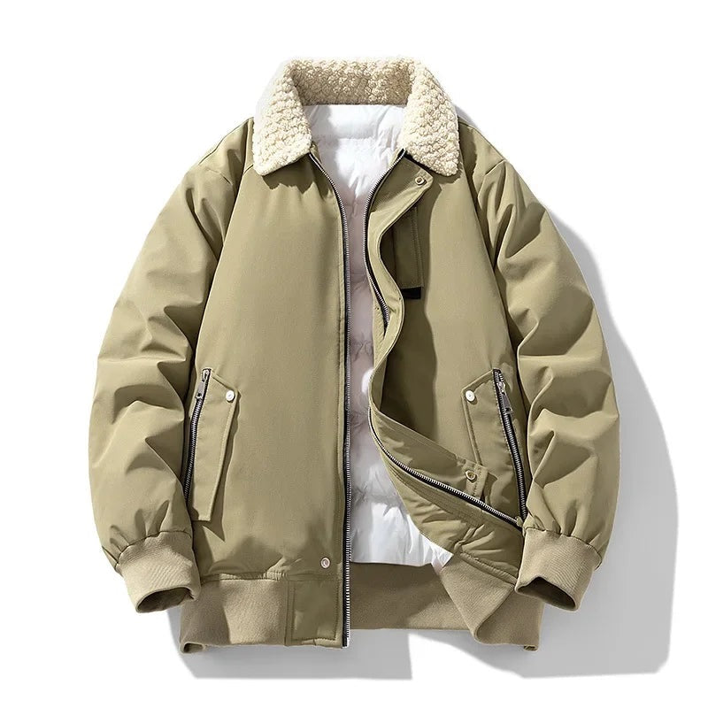 Men's padded bomber jacket with a teddy collar and vertical zip pockets - khaki