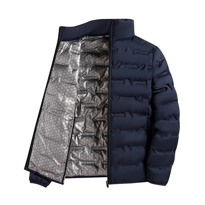 Men's padded jacket with a silver-tone lining and stand collar - navy