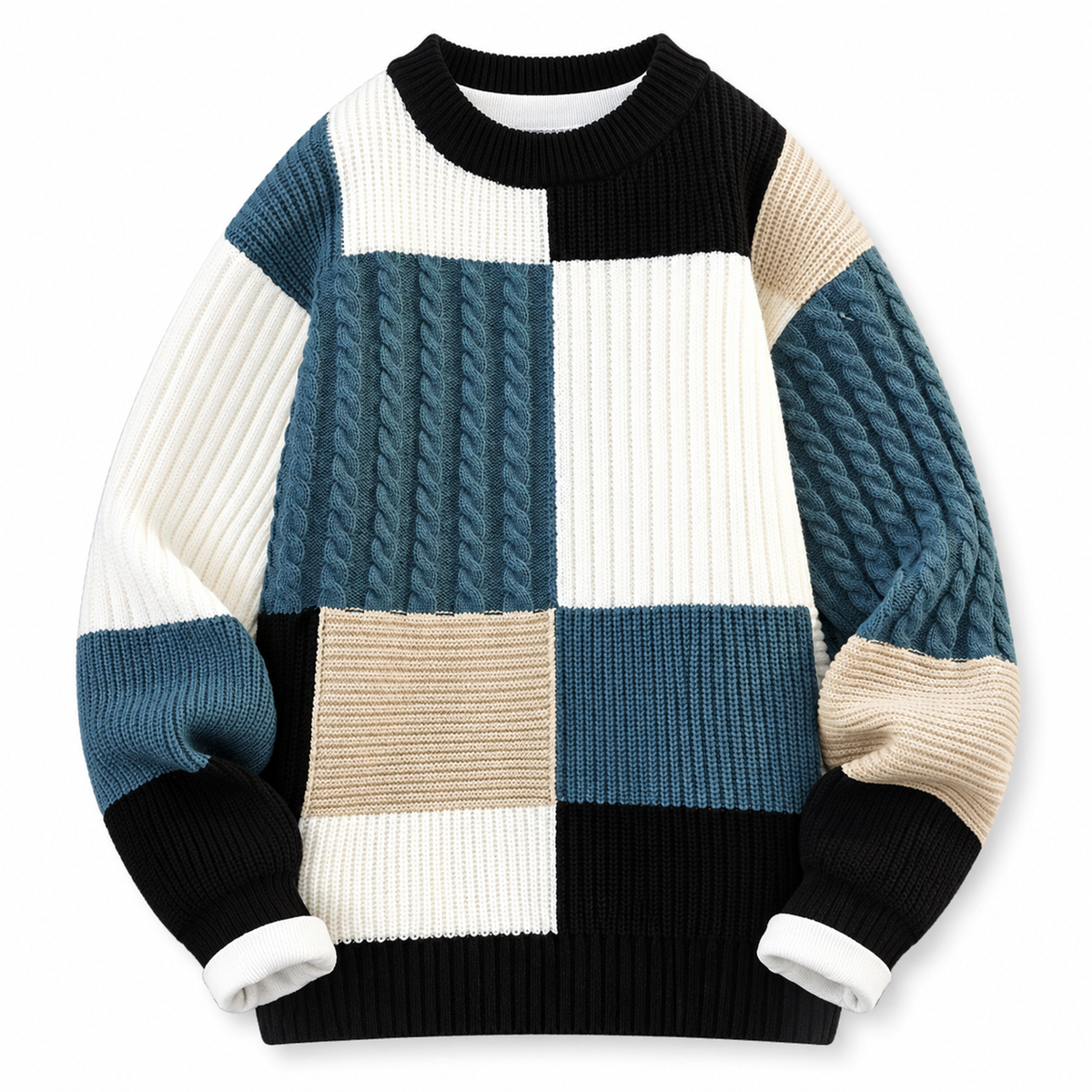 Men's patchwork jumper in cable and rib knit panels - petrol blue