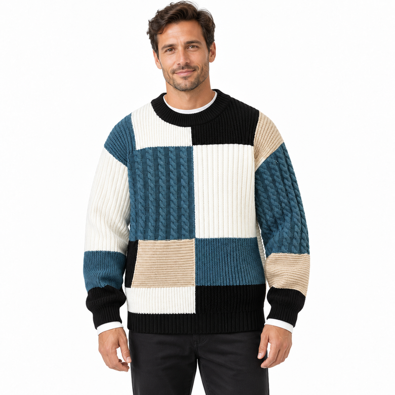 Men's patchwork jumper in cable and rib knit panels