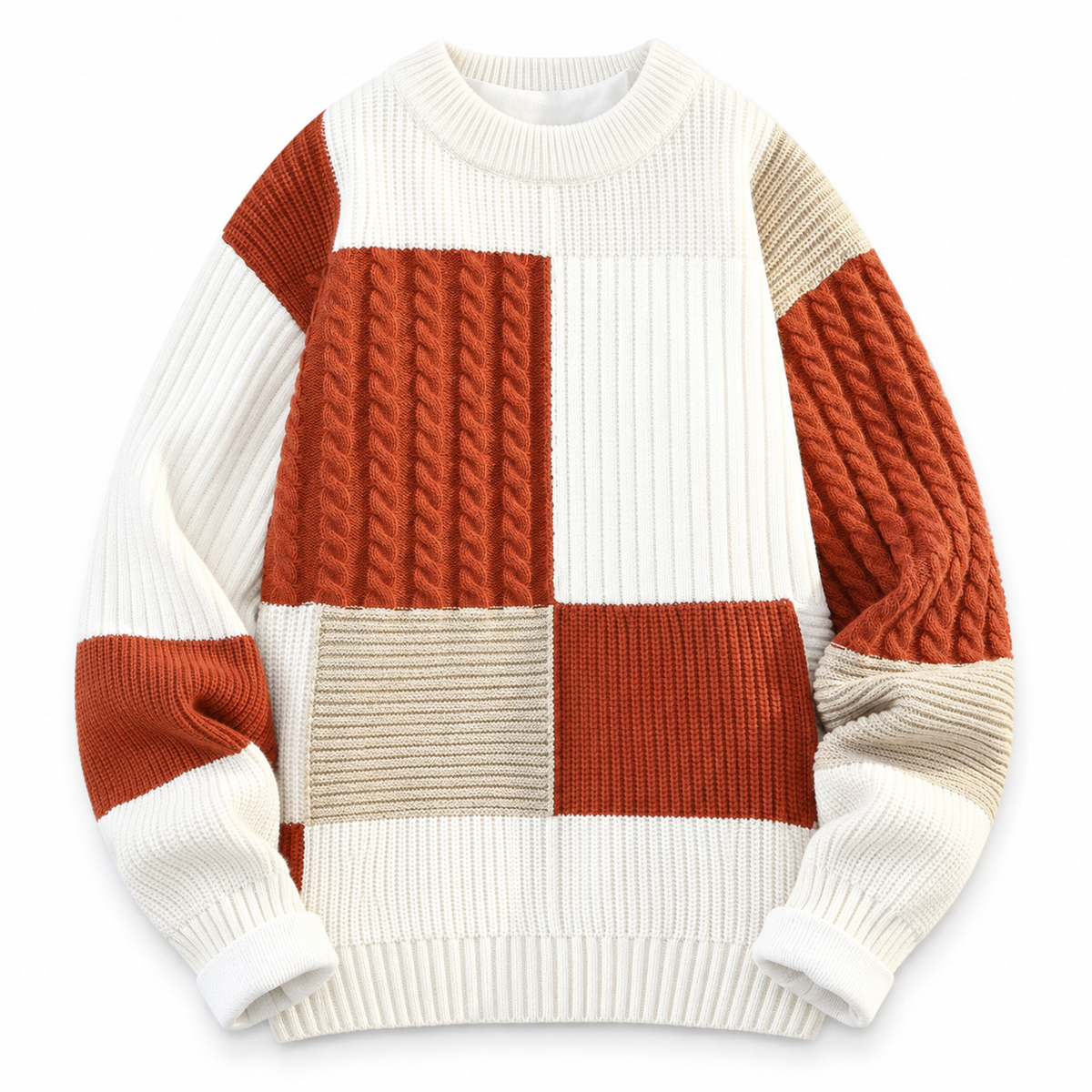 Men's patchwork jumper in cable and rib knit panels - orange