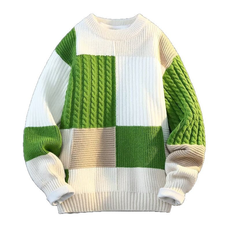 Men's patchwork jumper in cable and rib knit panels - green