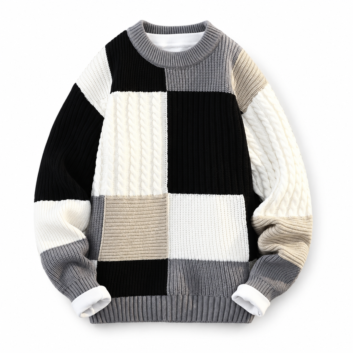 Men's patchwork jumper in cable and rib knit panels - grey/black