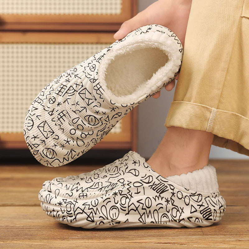Men's platform slippers with thick wavy sole, water-repellent printed shell and plush lining