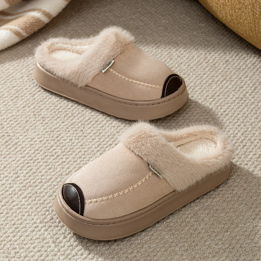 Men's platform slippers with suede look upper and plush cuff