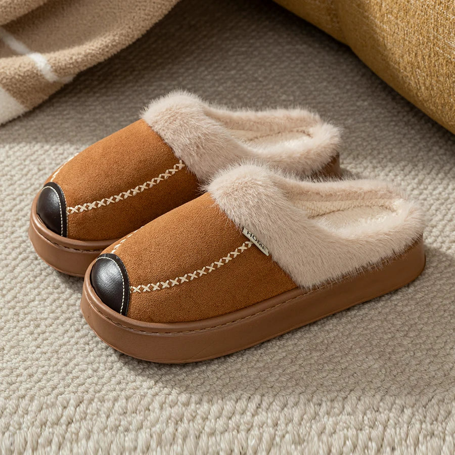 Men's platform slippers with suede look upper and plush cuff - brown