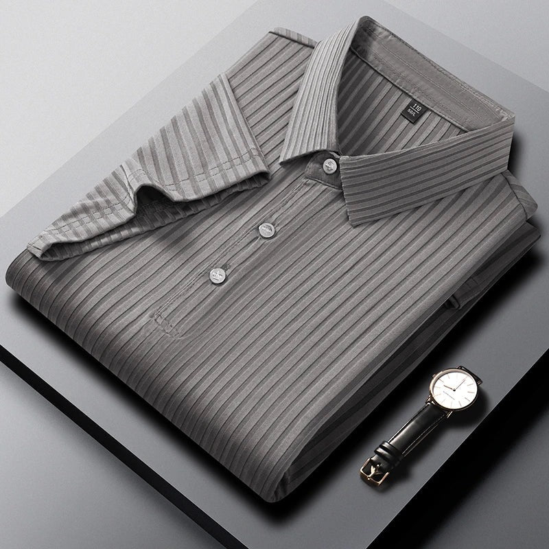Men's polo shirt with a tonal vertical rib texture and three buttons - grey