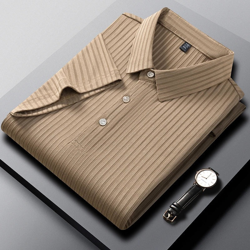 Men's polo shirt with a tonal vertical rib texture and three buttons - camel
