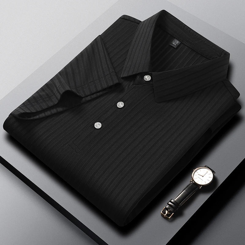 Men's polo shirt with a tonal vertical rib texture and three buttons - black