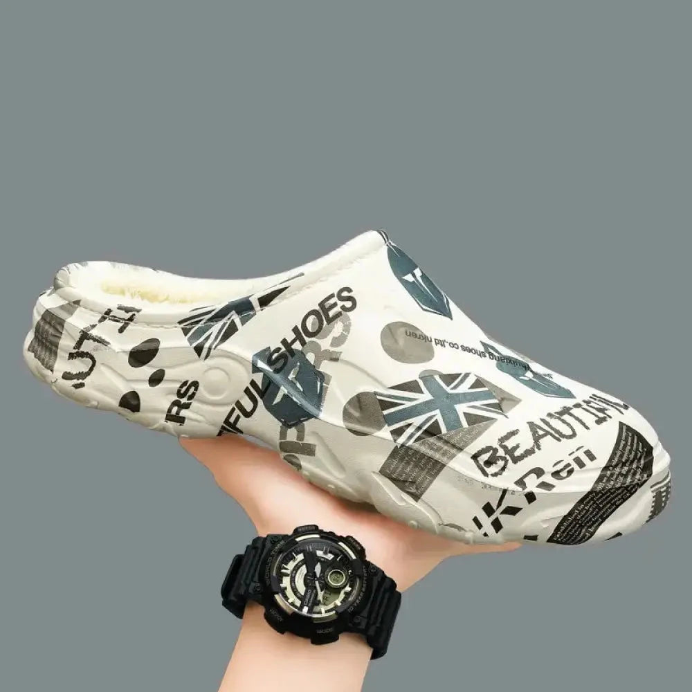 Slippers in EVA with print, plush lining and open heel