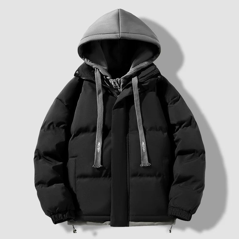 Men's puffer jacket with a fixed hood insert and storm flap - black