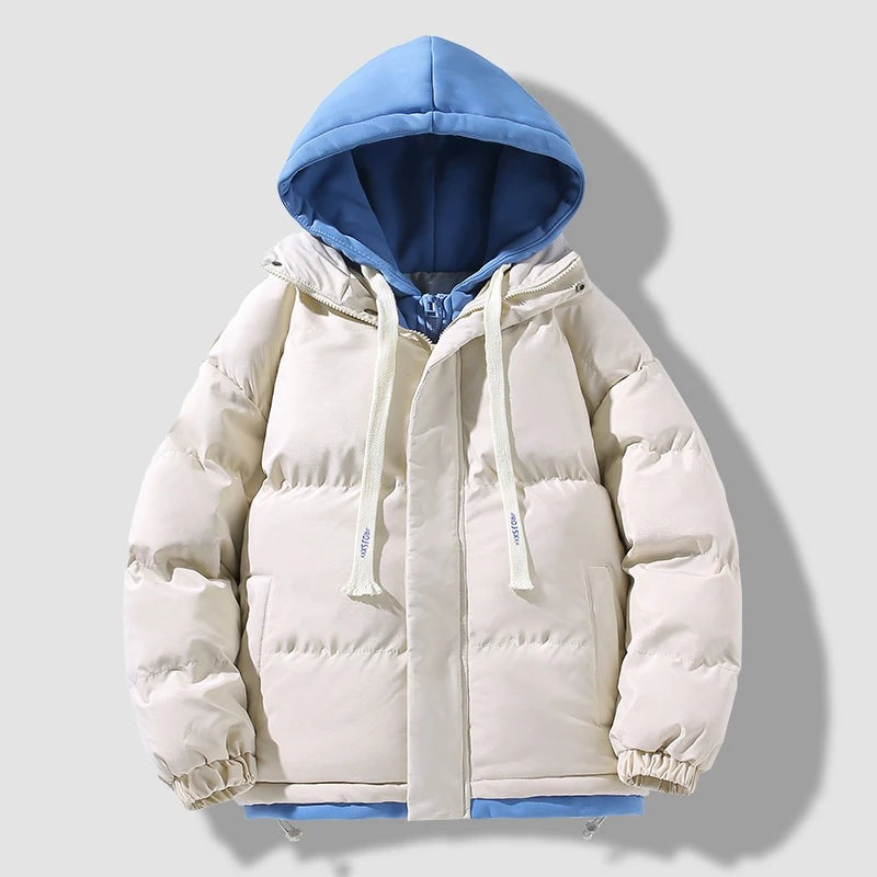 Men's puffer jacket with a fixed hood insert and storm flap - off-white