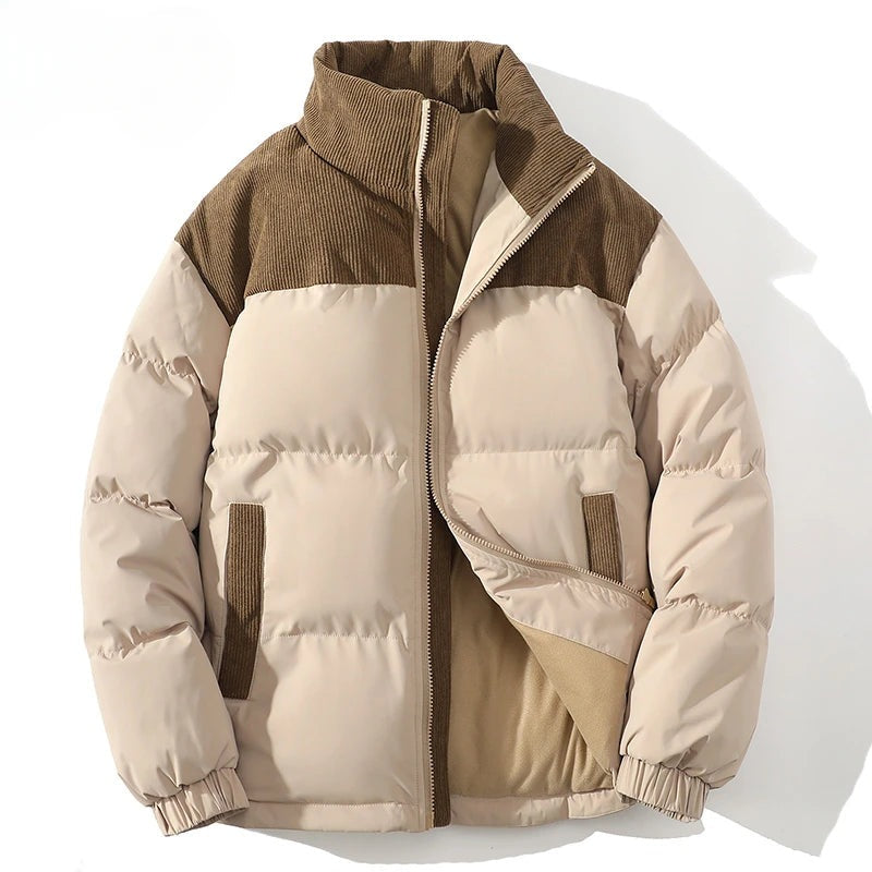 Men's puffer jacket with corduroy shoulders and a stand collar - cream/brown