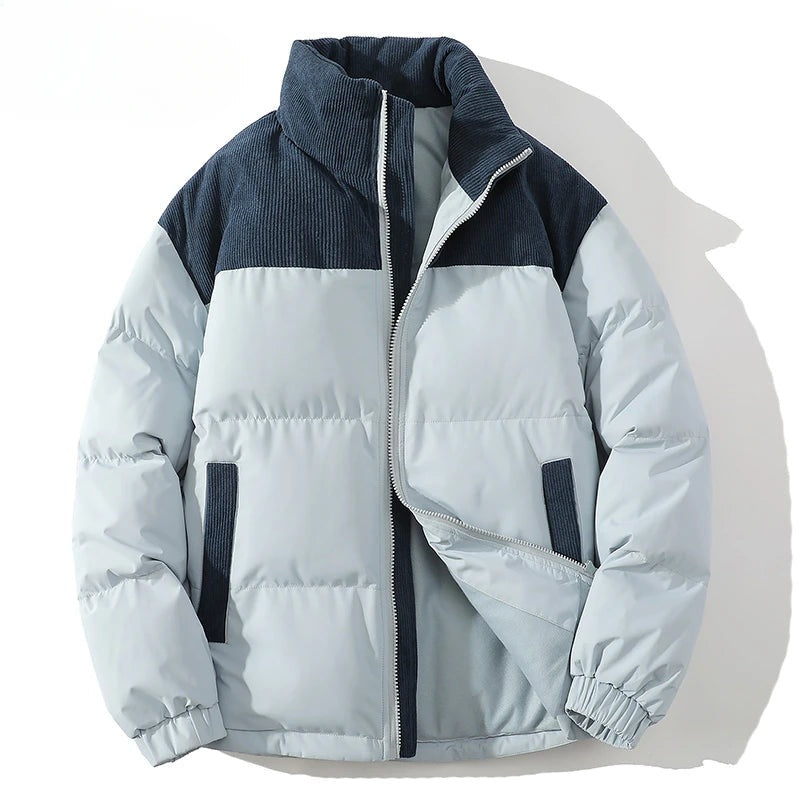 Men's puffer jacket with corduroy shoulders and a stand collar - light blue/navy