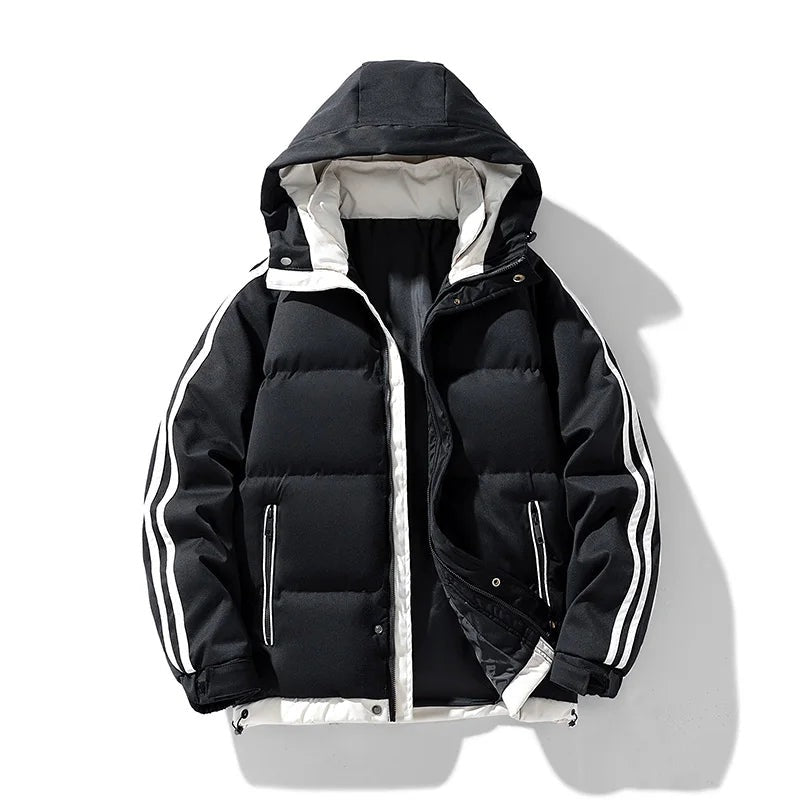Men's puffer jacket with a detachable hood and stripes down the sleeves - black