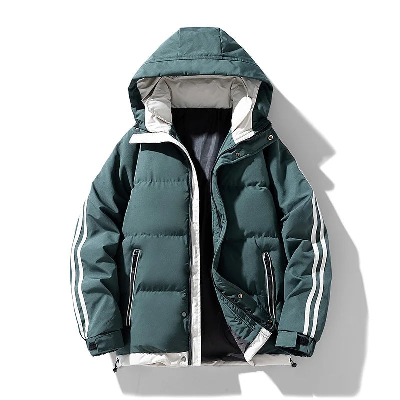 Men's puffer jacket with a detachable hood and stripes down the sleeves - dark green