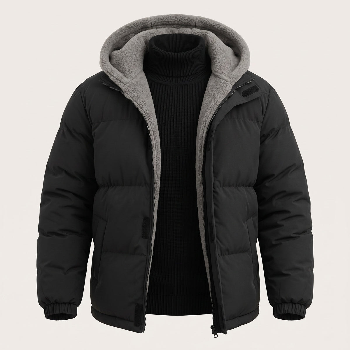 Men's puffer jacket with a fleece-lined hood and storm flap - black