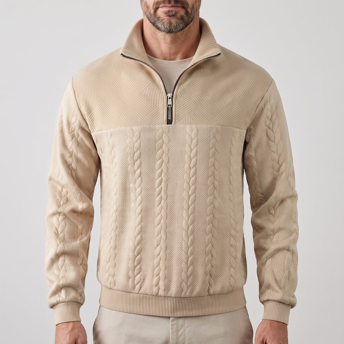 Men's quarter-zip sweatshirt with a cable texture and stand collar - sand