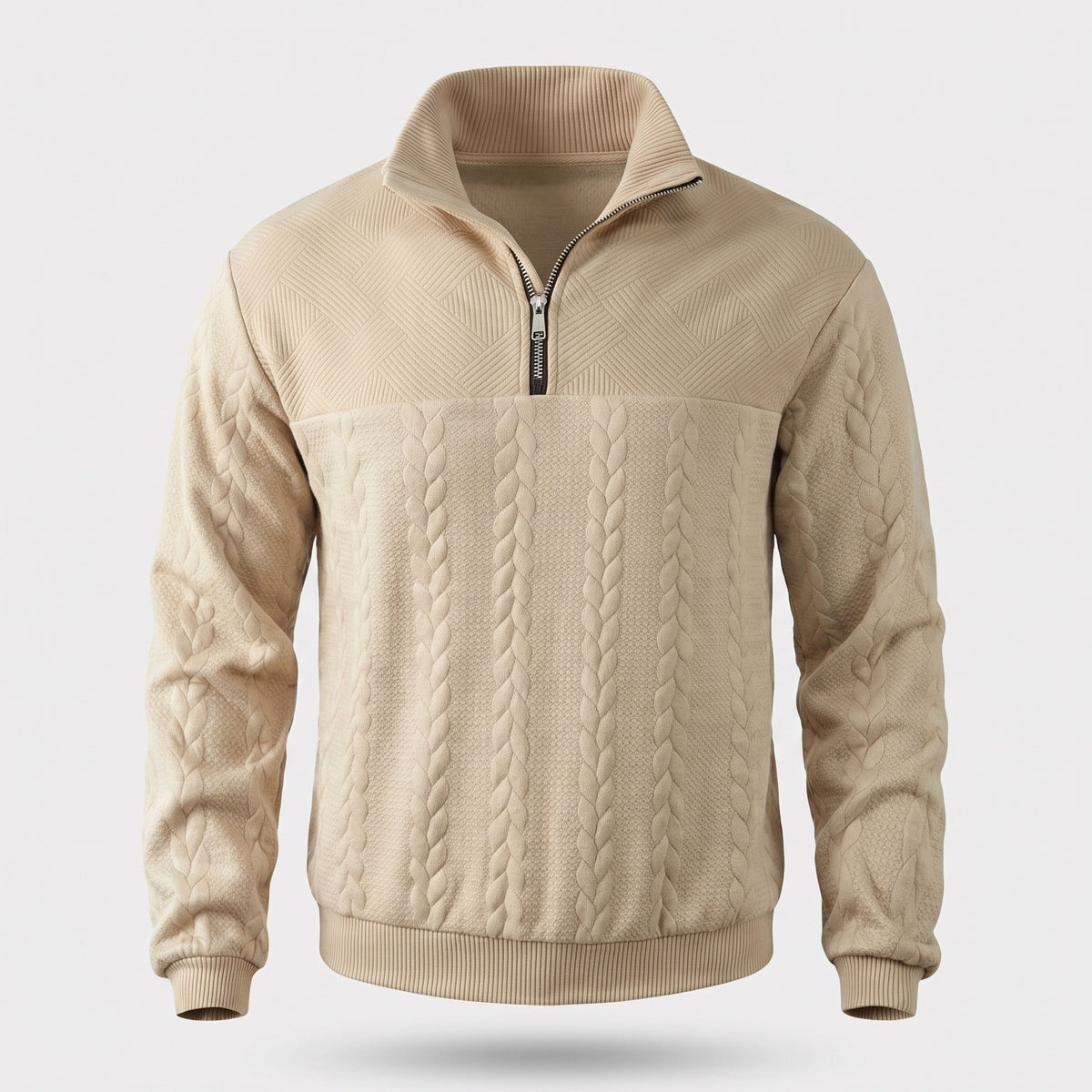 Men's quarter-zip sweatshirt with a cable texture and stand collar - sand