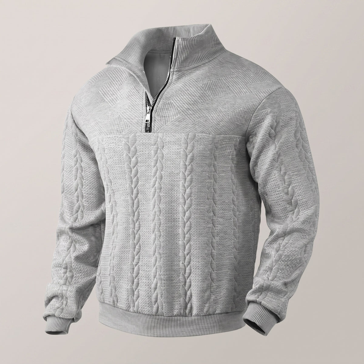 Men's quarter-zip sweatshirt with a cable texture and stand collar - light grey