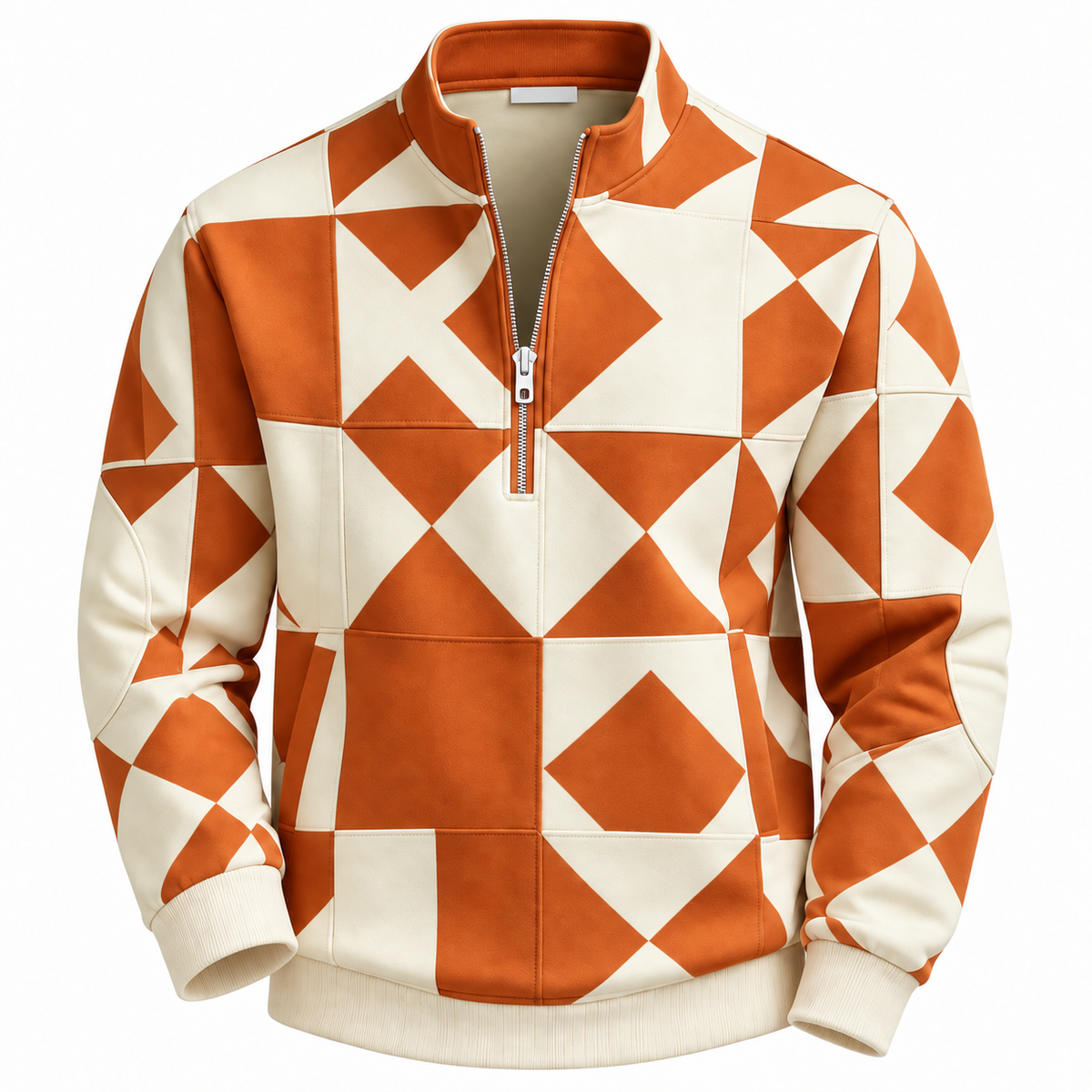 Men's quarter-zip sweatshirt with a geometric print and stand collar - orange/cream